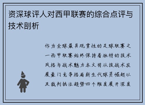 资深球评人对西甲联赛的综合点评与技术剖析